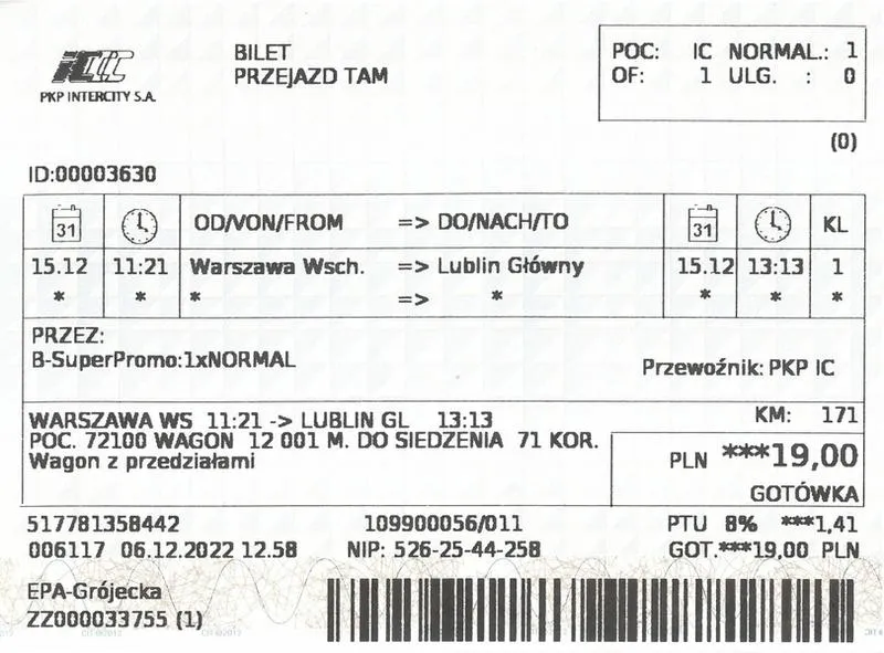 Czas ważności biletu PKP