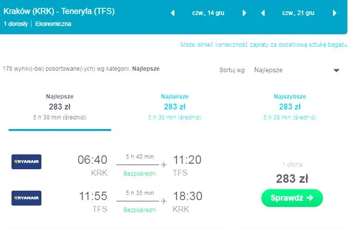 Lot z Krakowa na Teneryfę